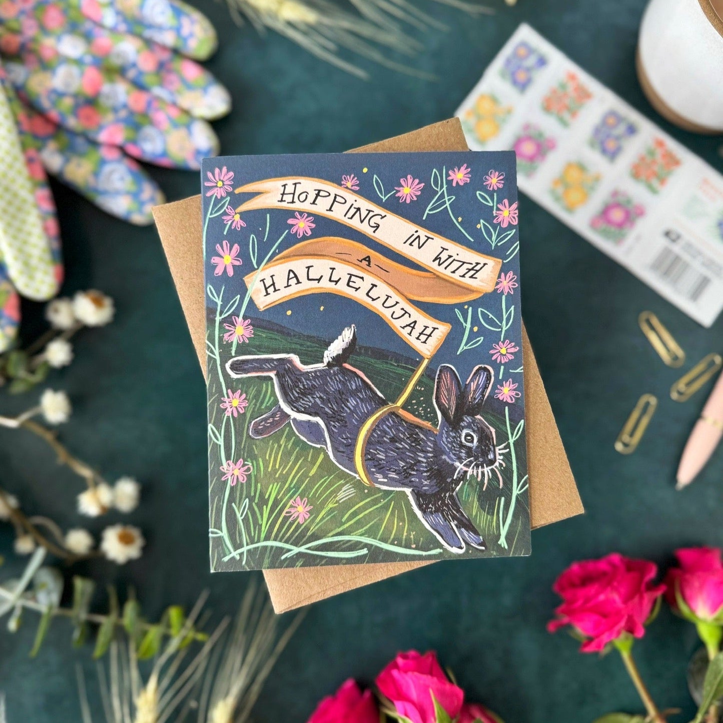 Hopping in with a Hallelujah - card by Tiny and Snail- on teal