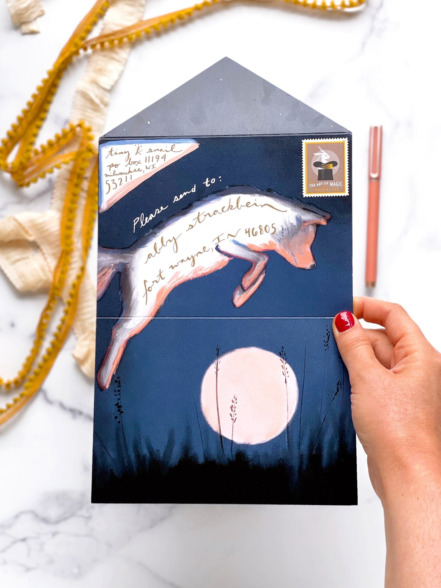 Fox Jumped Over the Moon · Instant Artful Envelope Stationery IAE Tiny and Snail