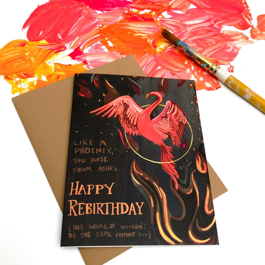 Tiny and Snail's card "Pheonix Rebirthday" with a paintbrush and red paint in the background