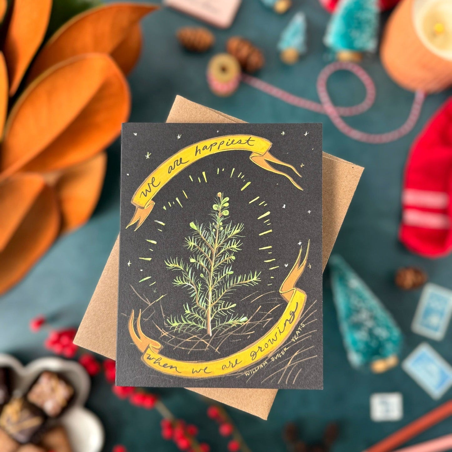 Greeting card with decorative elements on a festive background