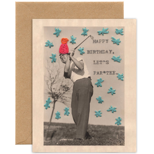 Birthday card that says "Happy Birthday, Let's Par*tee" with vintage-style photo of a person holding a golf club, surrounded by decorative elements and text.