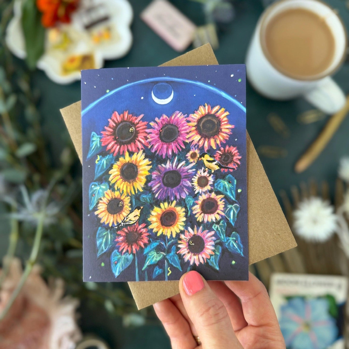 Moonlit_Sunflowers_card by Tiny and Sanil -in_hand - green_background