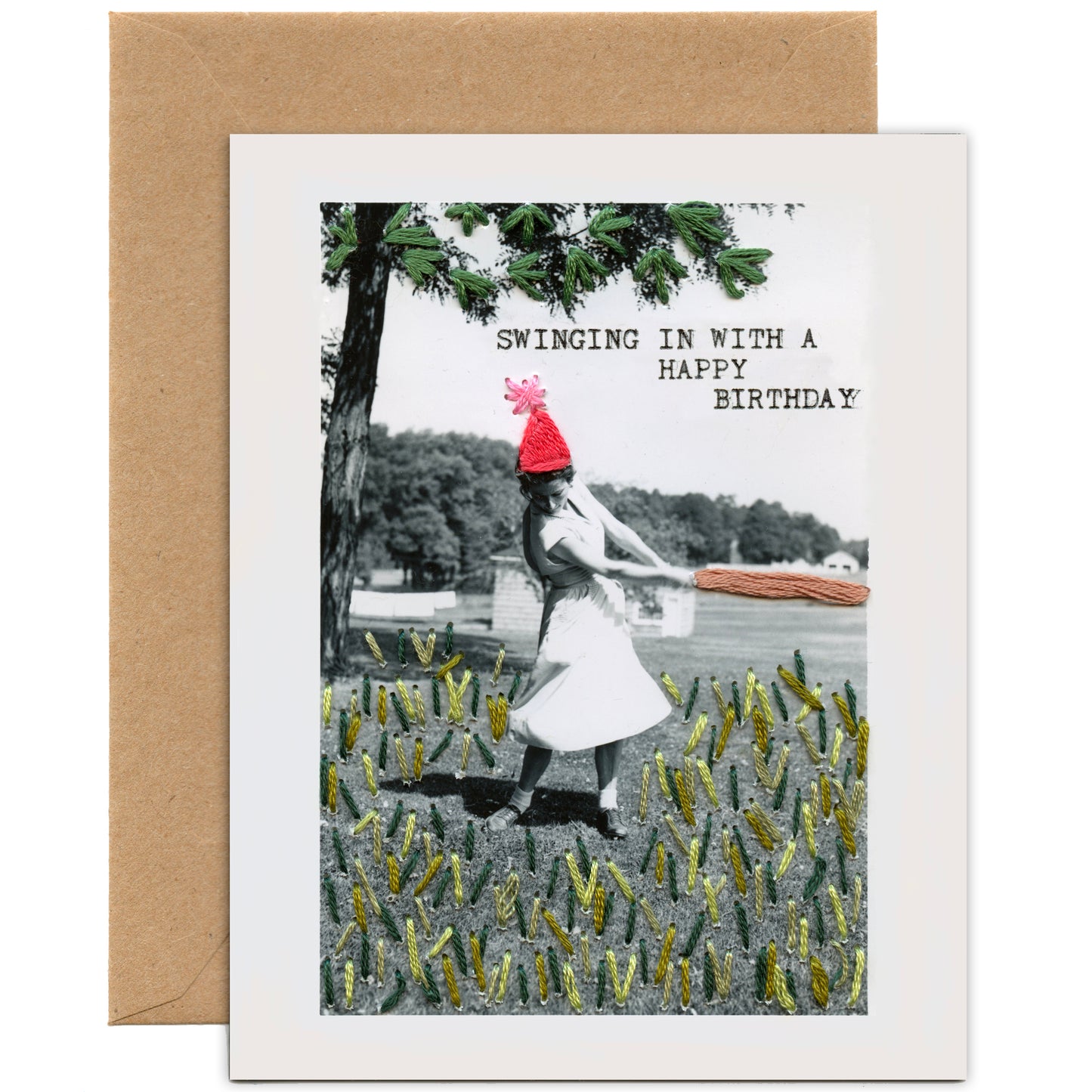 Greeting card with a black and white photo of a person in a field, wearing a red hat, and text 'Swinging in with a happy birthday'.