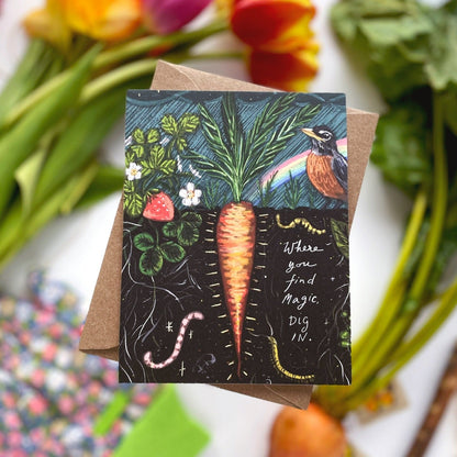 Greeting card with garden-themed illustration and text, surrounded by flowers and carrots.
