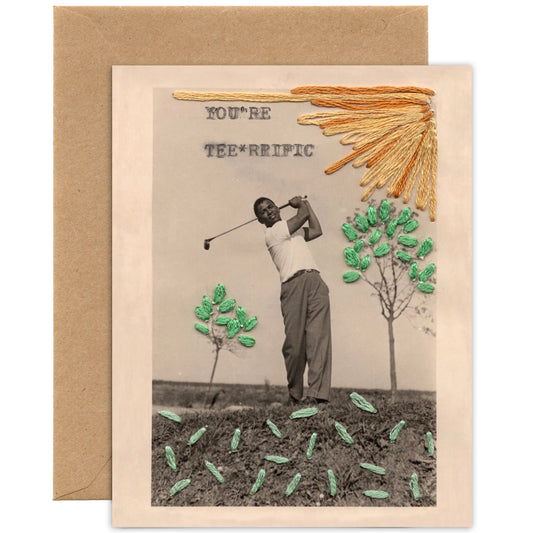 Greeting card with a vintage-style illustration of a golfer and text 'YOU'RE TEE*RRIFIC' on a textured background.