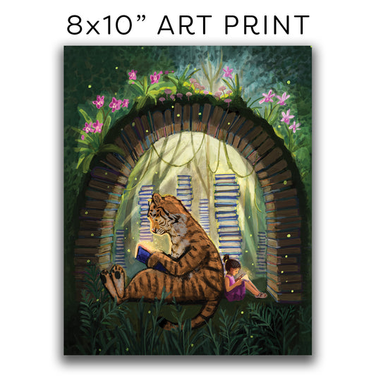 ART PRINT 8x10” — Tiger Tales — Girl and Tiger Reading in Jungle