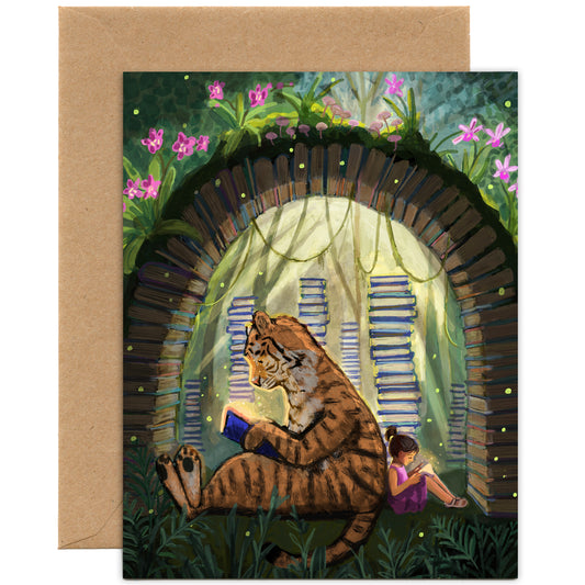 Tiger Tales — Girl and Tiger Reading in Jungle— Everyday Card
