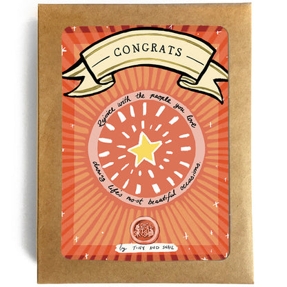 A pack of congrats cards with a colorful design featuring a star and rays, with the word 'CONCRATS' written in bold letters.