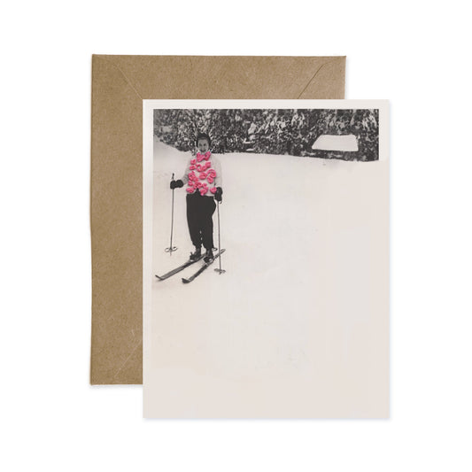 Pink Puff Vest Skier Flat Notecards (Single Card) A2 Card Tiny and Snail
