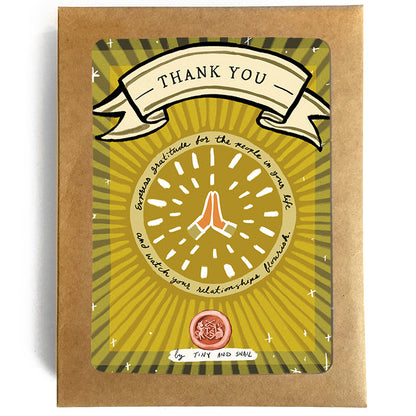 A pack of thank you cards with a visible card design featuring the words 'THANK YOU' in capital letters, decorative elements, and a signature at the bottom.